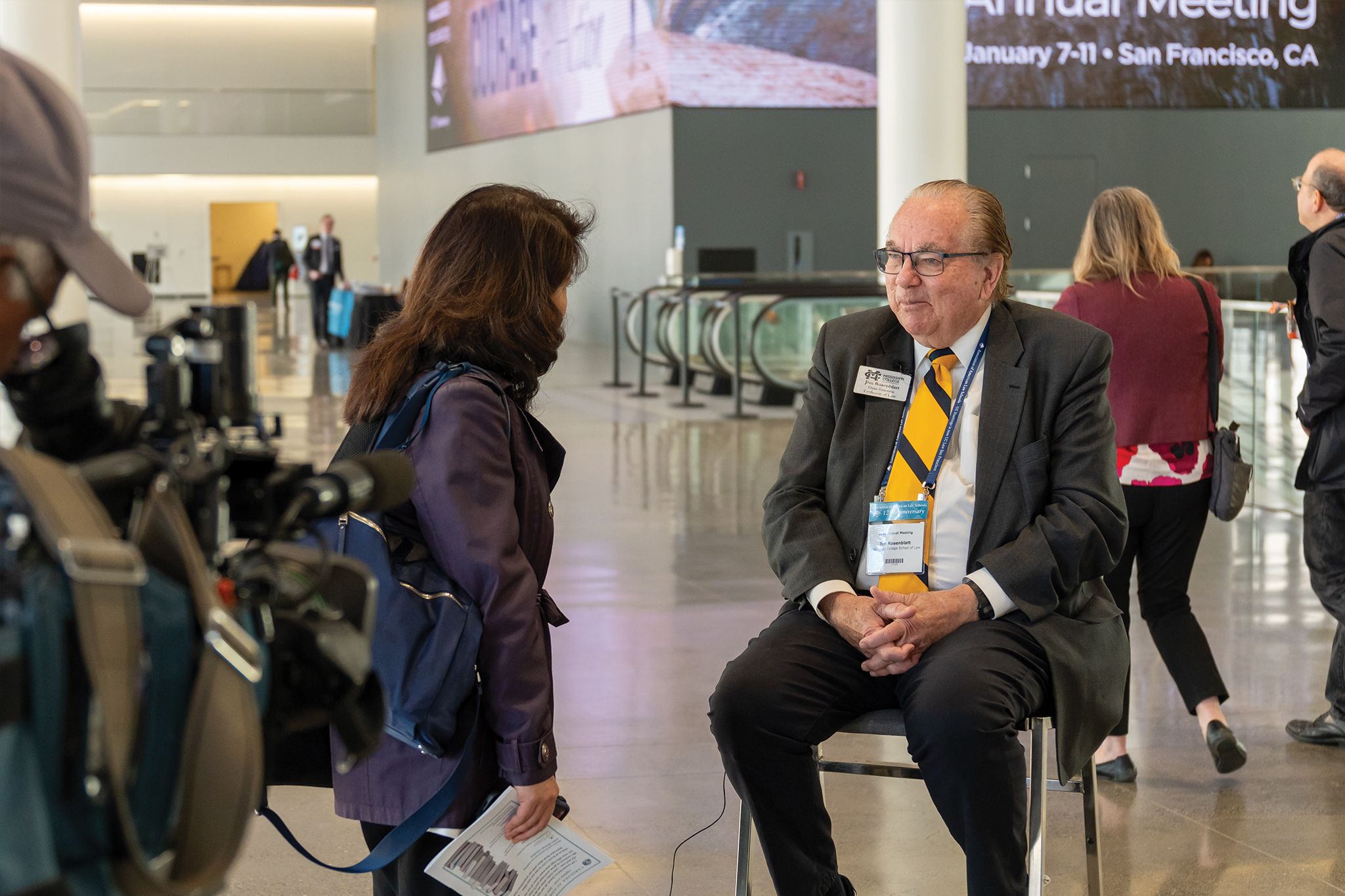 Mississippi College School of Law dean emeritus Jim Rosenblatt interviewed by a San Francisco television station.