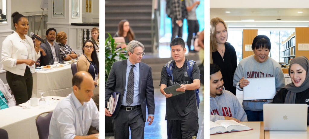 A collection of pictures of students on campus and law professors at a conference.