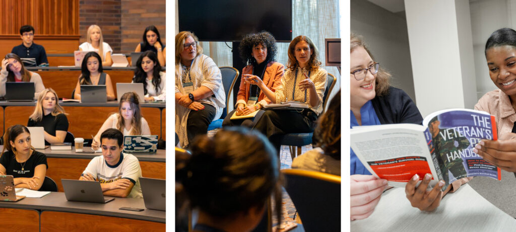 A collection of pictures of students in classrooms, professors at a conference, and two women looking at a book.